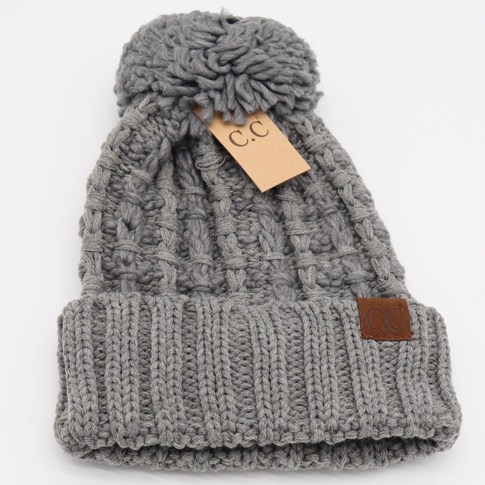 C.C Beanie Womens OS Lt Melange Grey Pom Pom Cable Knit New